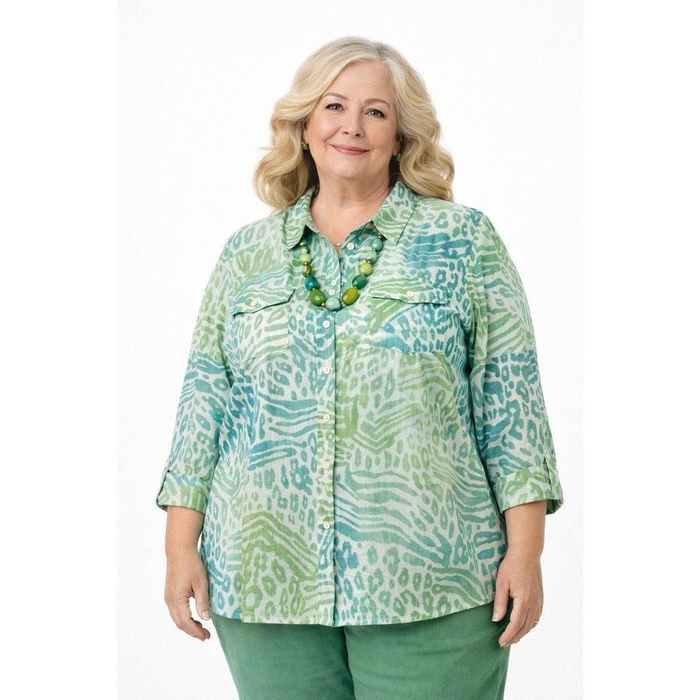Ruby Rd Woman 22W Teal Green Abstract Print Button Front Shirt Blouse Plus Size